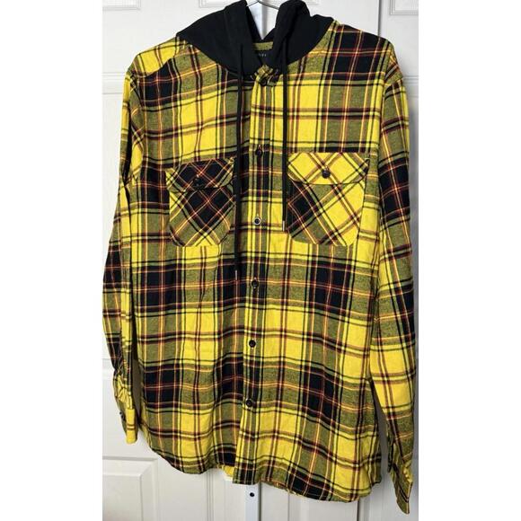 No Boundaries Men’s Long Sleeve Yellow Plaid Hoodie Medium - Picture 2 of 6
